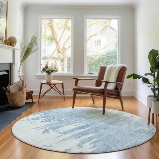 8' Sky Blue And Ivory Abstract Washable Round Rug With UV Protection Photo 4