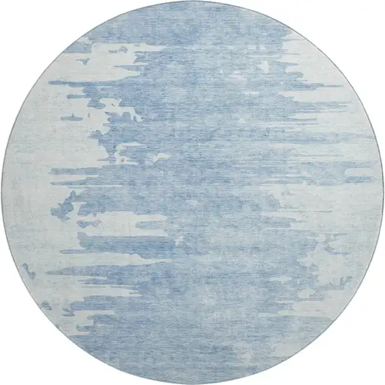 8' Sky Blue And Ivory Abstract Washable Round Rug With UV Protection Photo 1