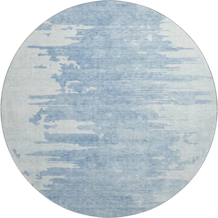 8' Sky Blue And Ivory Abstract Washable Round Rug With UV Protection Photo 1