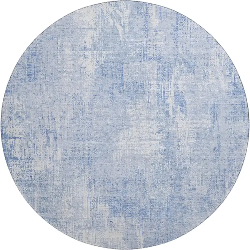 8' Sky Blue And Ivory Abstract Washable Round Rug With UV Protection Photo 1
