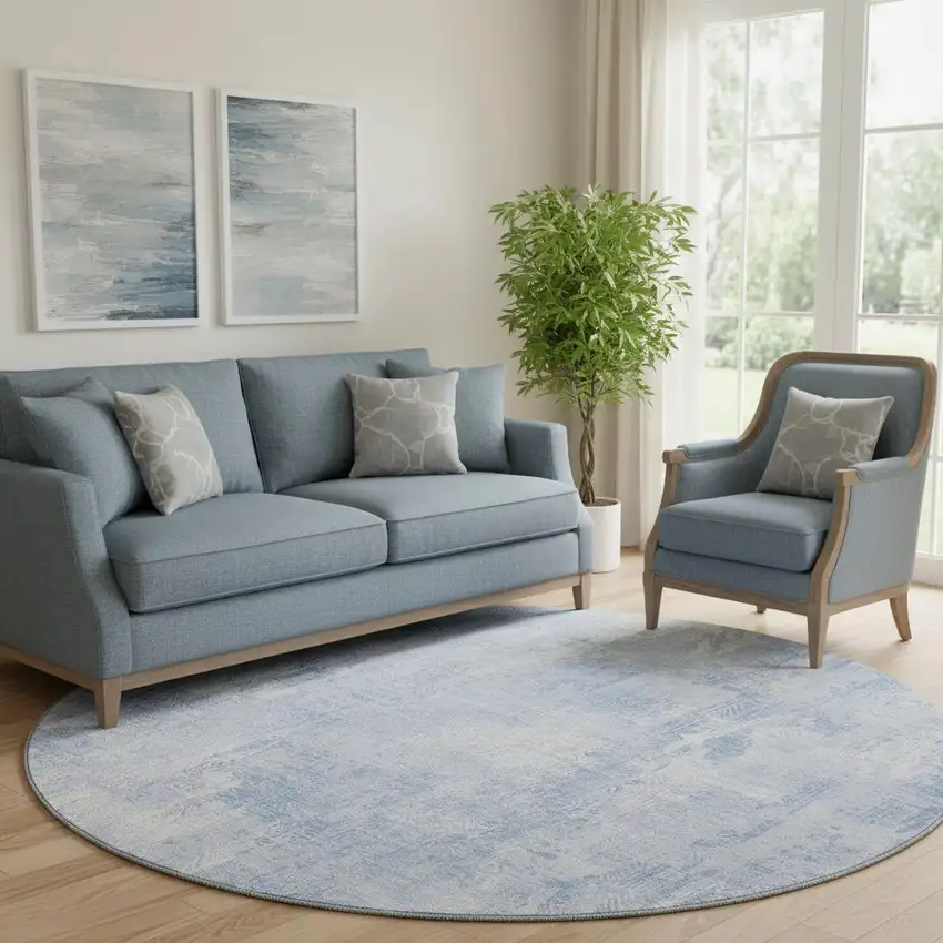 8' Sky Blue And Ivory Abstract Washable Round Rug With UV Protection Photo 1