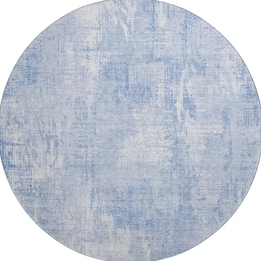 8' Sky Blue And Ivory Abstract Washable Round Rug With UV Protection Photo 3