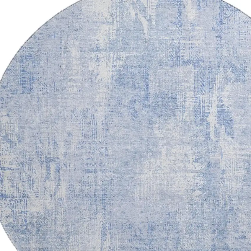 8' Sky Blue And Ivory Abstract Washable Round Rug With UV Protection Photo 2