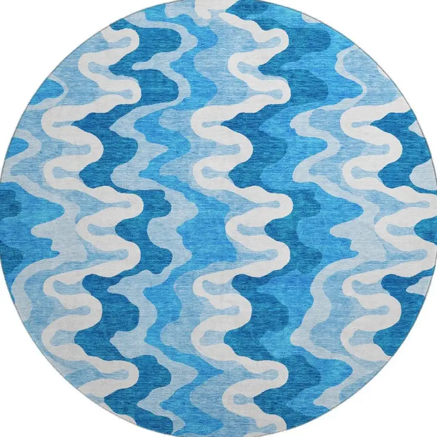 8' Sky Blue And Ivory Abstract Washable Round Rug With UV Protection Photo 4