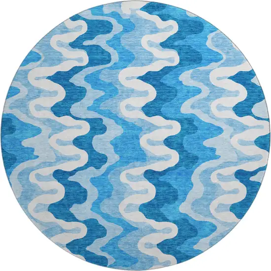 8' Sky Blue And Ivory Abstract Washable Round Rug With UV Protection Photo 1