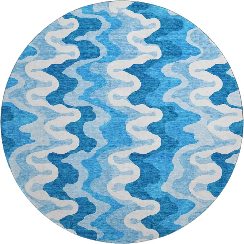 8' Sky Blue And Ivory Abstract Washable Round Rug With UV Protection Photo 1