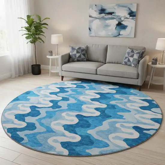 8' Sky Blue And Ivory Abstract Washable Round Rug With UV Protection Photo 2