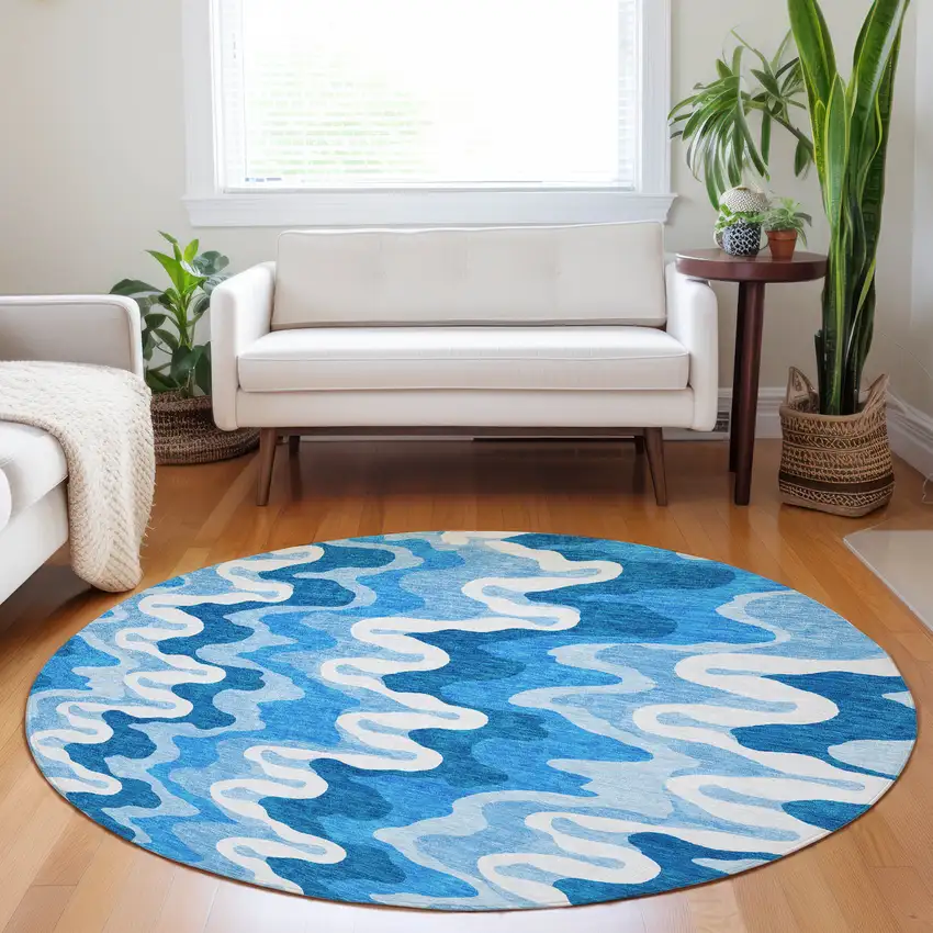 8' Sky Blue And Ivory Abstract Washable Round Rug With UV Protection Photo 5