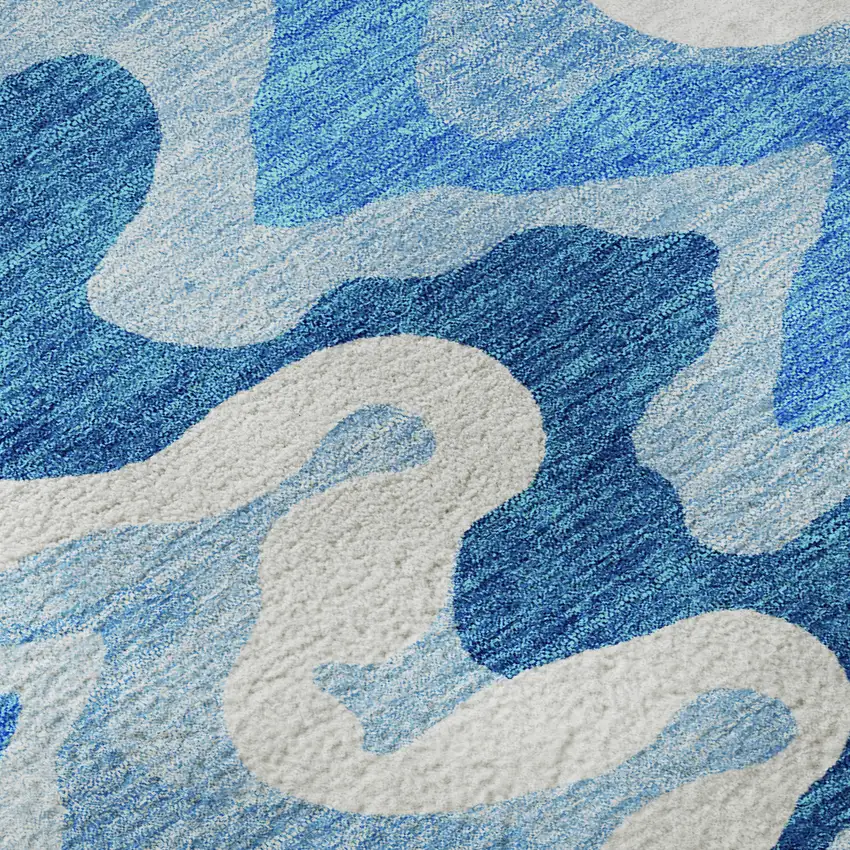 8' Sky Blue And Ivory Abstract Washable Round Rug With UV Protection Photo 9