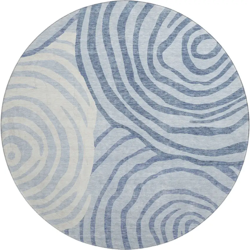 8' Sky Blue And Ivory Abstract Washable Round Rug With UV Protection Photo 1