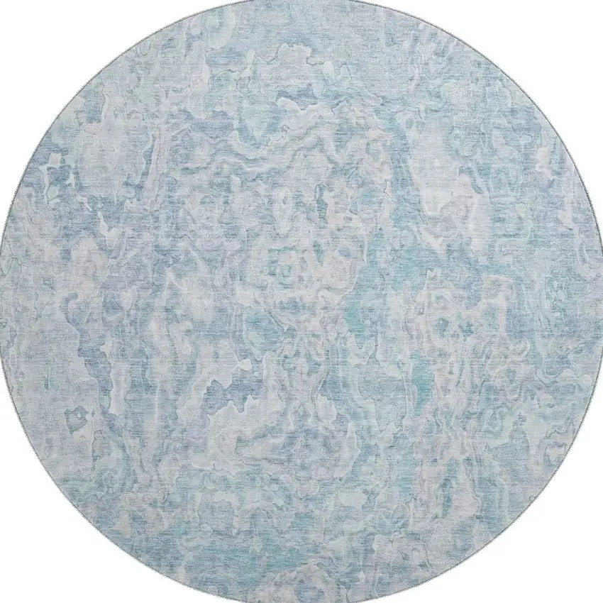 8' Sky Blue And Ivory Abstract Washable Round Rug With UV Protection Photo 4