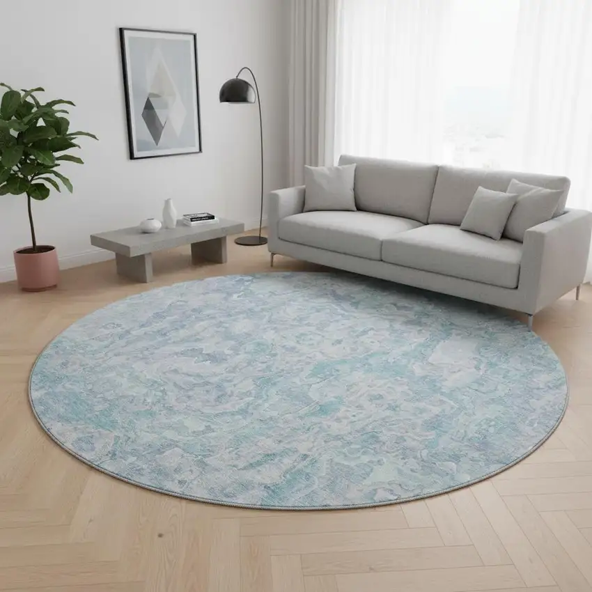 8' Sky Blue And Ivory Abstract Washable Round Rug With UV Protection Photo 2