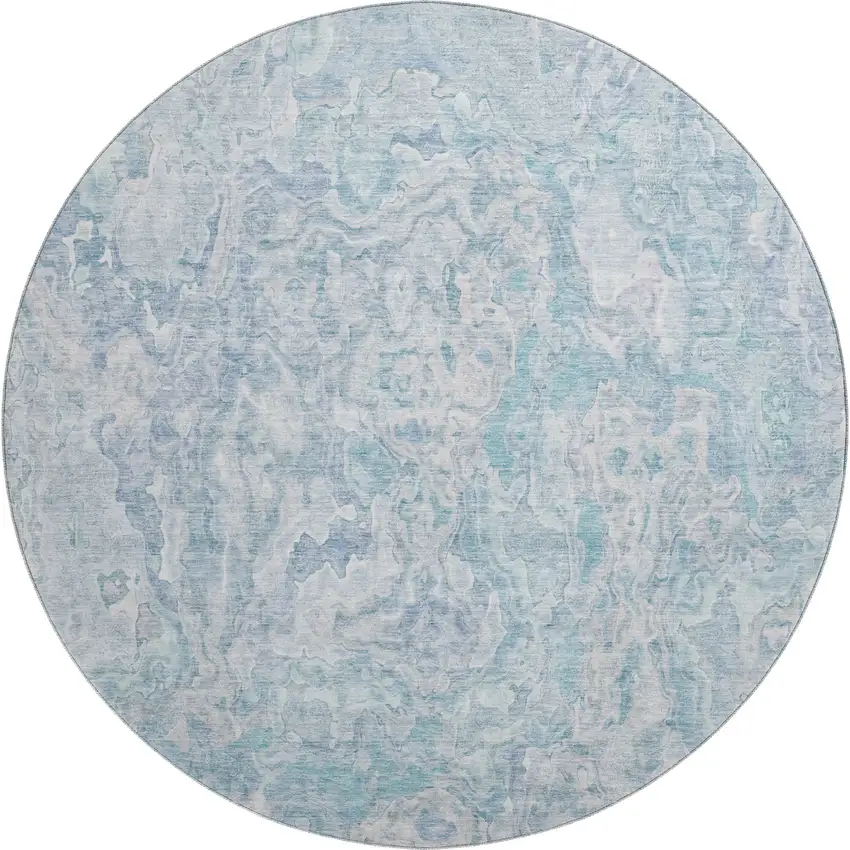 8' Sky Blue And Ivory Abstract Washable Round Rug With UV Protection Photo 1