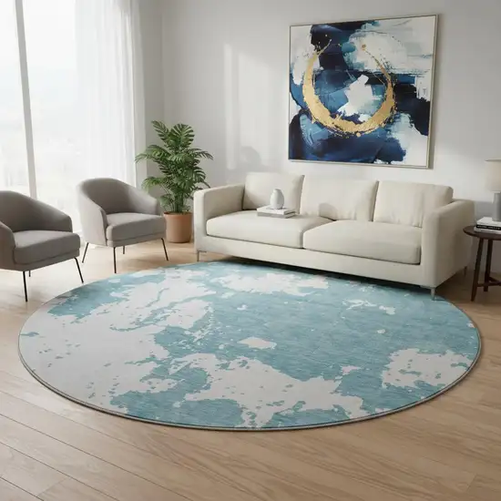 8' Sky Blue And Ivory Abstract Washable Round Rug With UV Protection Photo 2
