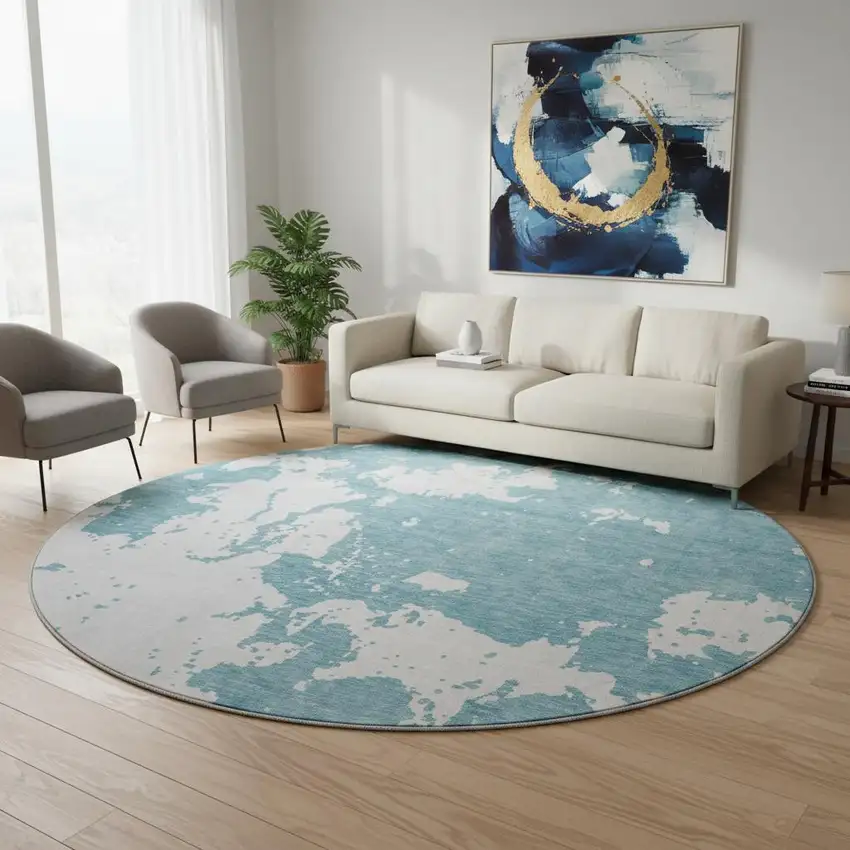 8' Sky Blue And Ivory Abstract Washable Round Rug With UV Protection Photo 2