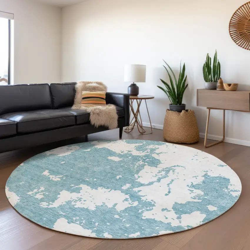 8' Sky Blue And Ivory Abstract Washable Round Rug With UV Protection Photo 5