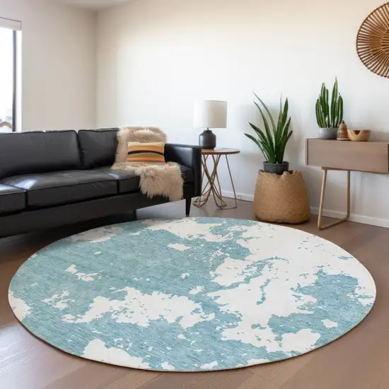 8' Sky Blue And Ivory Abstract Washable Round Rug With UV Protection Photo 5