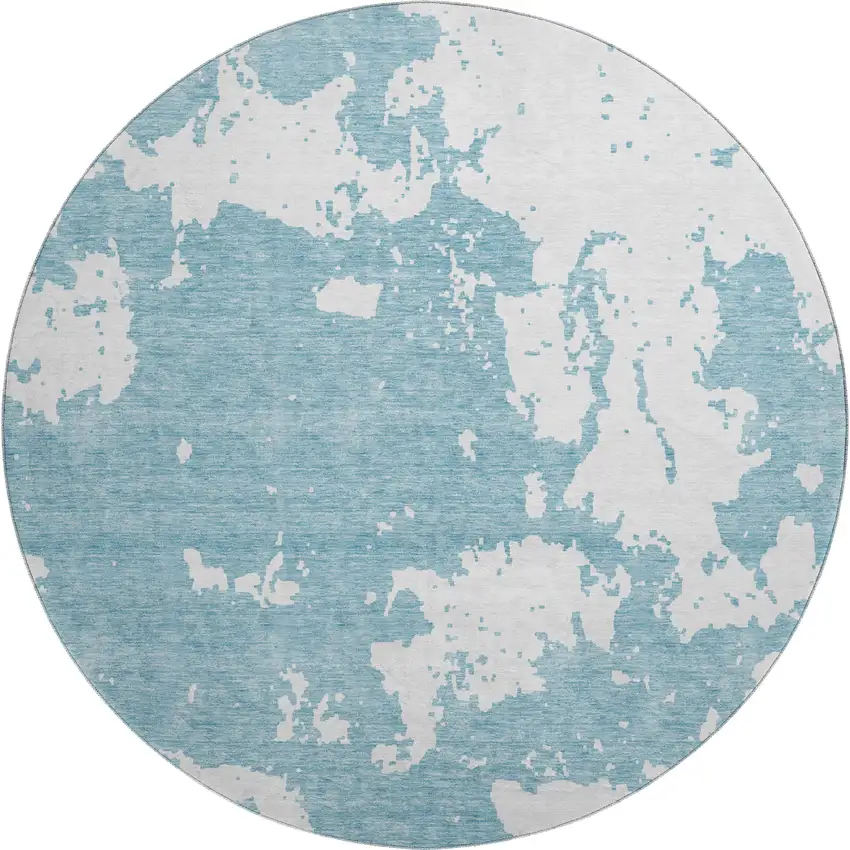 8' Sky Blue And Ivory Abstract Washable Round Rug With UV Protection Photo 1