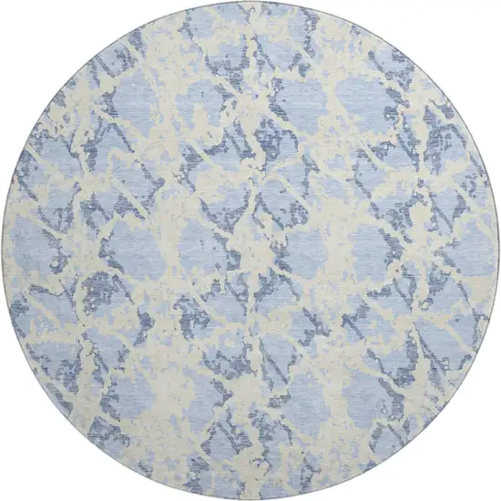 8' Sky Blue And Ivory Abstract Washable Round Rug With UV Protection Photo 1