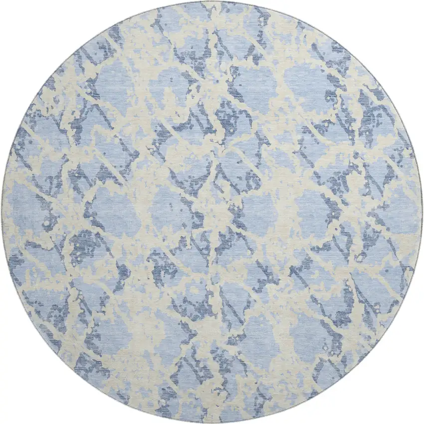 8' Sky Blue And Ivory Abstract Washable Round Rug With UV Protection Photo 1