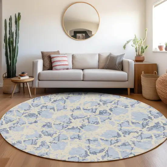 8' Sky Blue And Ivory Abstract Washable Round Rug With UV Protection Photo 4