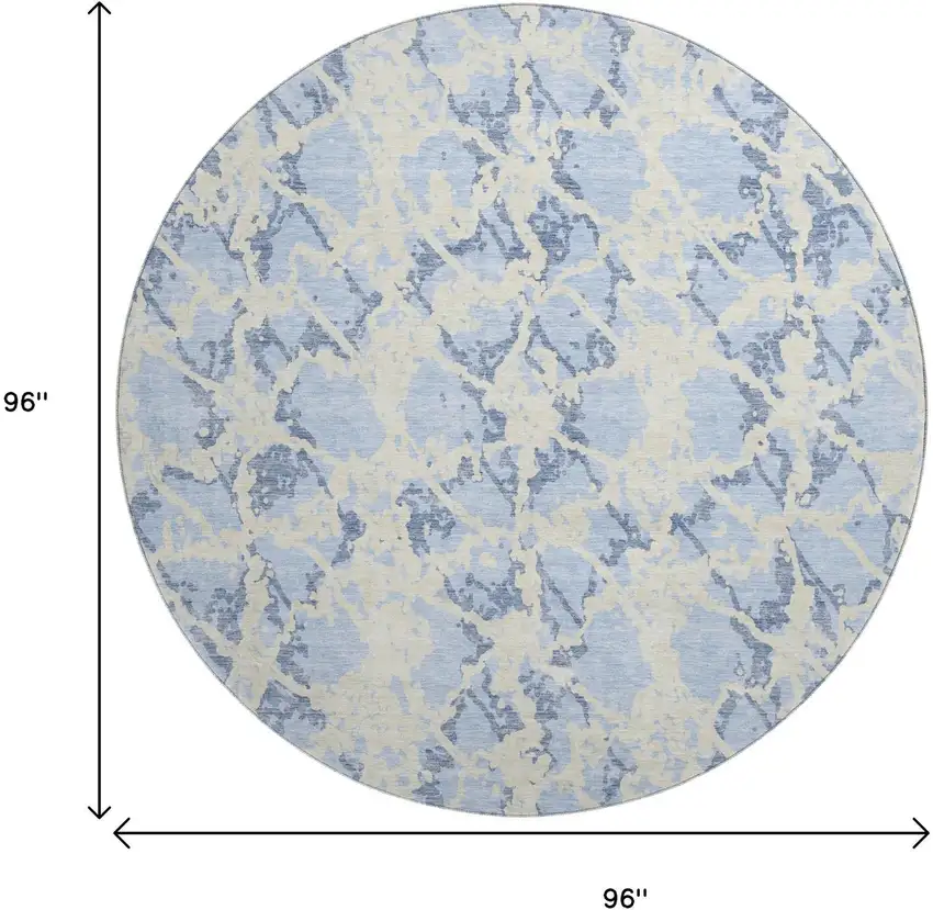 8' Sky Blue And Ivory Abstract Washable Round Rug With UV Protection Photo 9