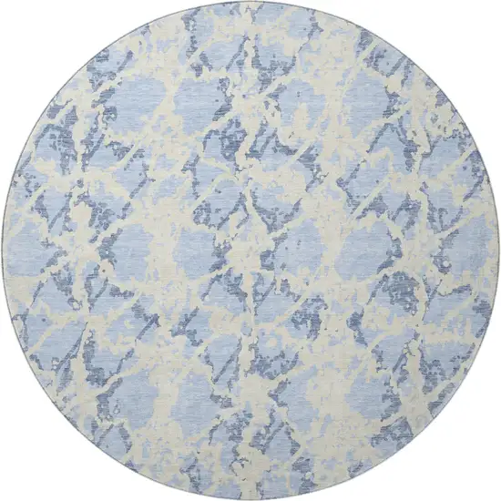 8' Sky Blue And Ivory Abstract Washable Round Rug With UV Protection Photo 3