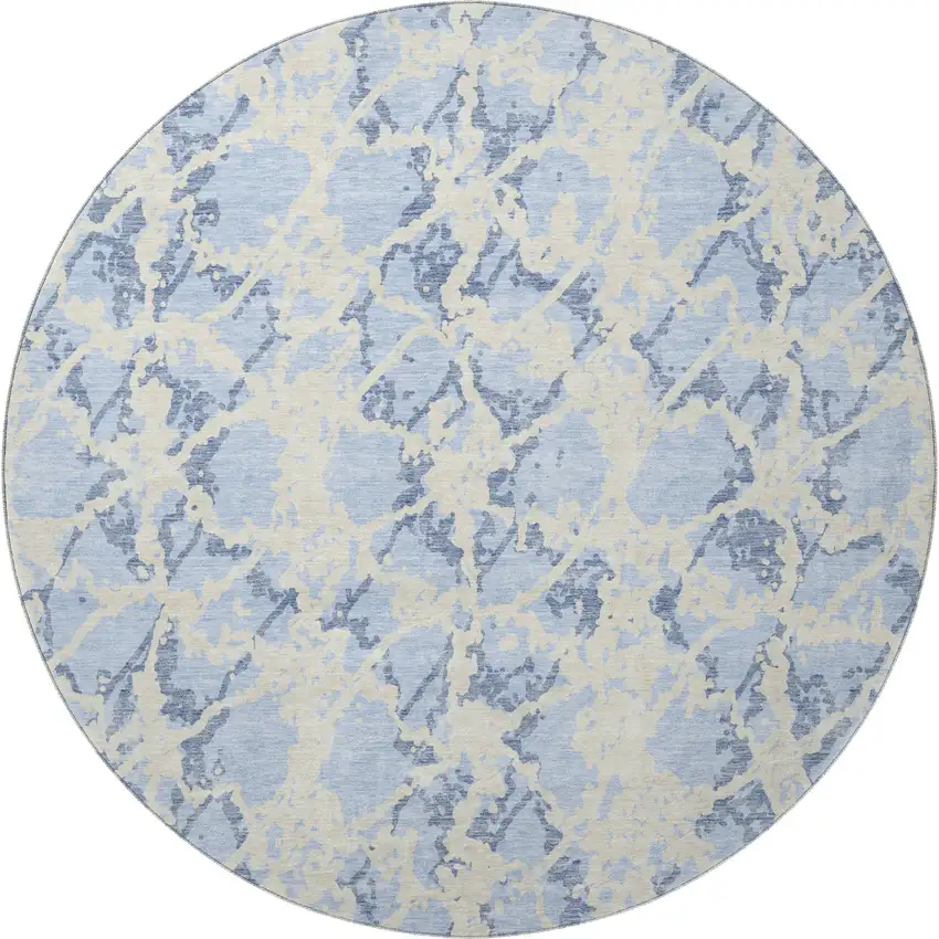 8' Sky Blue And Ivory Abstract Washable Round Rug With UV Protection Photo 3