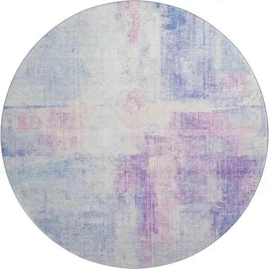 8' Sky Blue And Ivory Abstract Washable Round Rug With UV Protection Photo 1