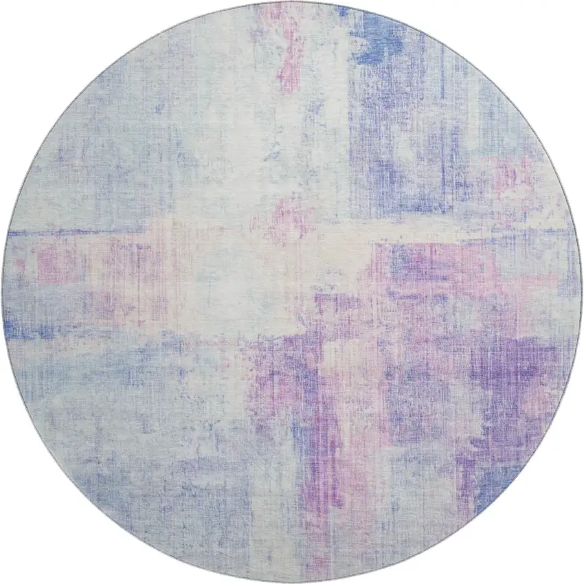 8' Sky Blue And Ivory Abstract Washable Round Rug With UV Protection Photo 1