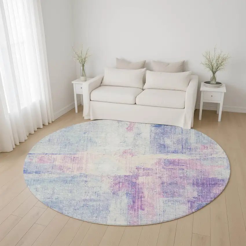 8' Sky Blue And Ivory Abstract Washable Round Rug With UV Protection Photo 4