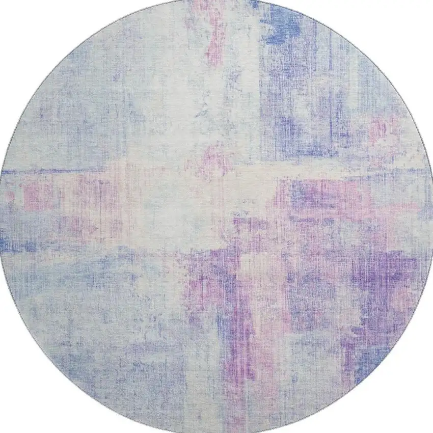 8' Sky Blue And Ivory Abstract Washable Round Rug With UV Protection Photo 3