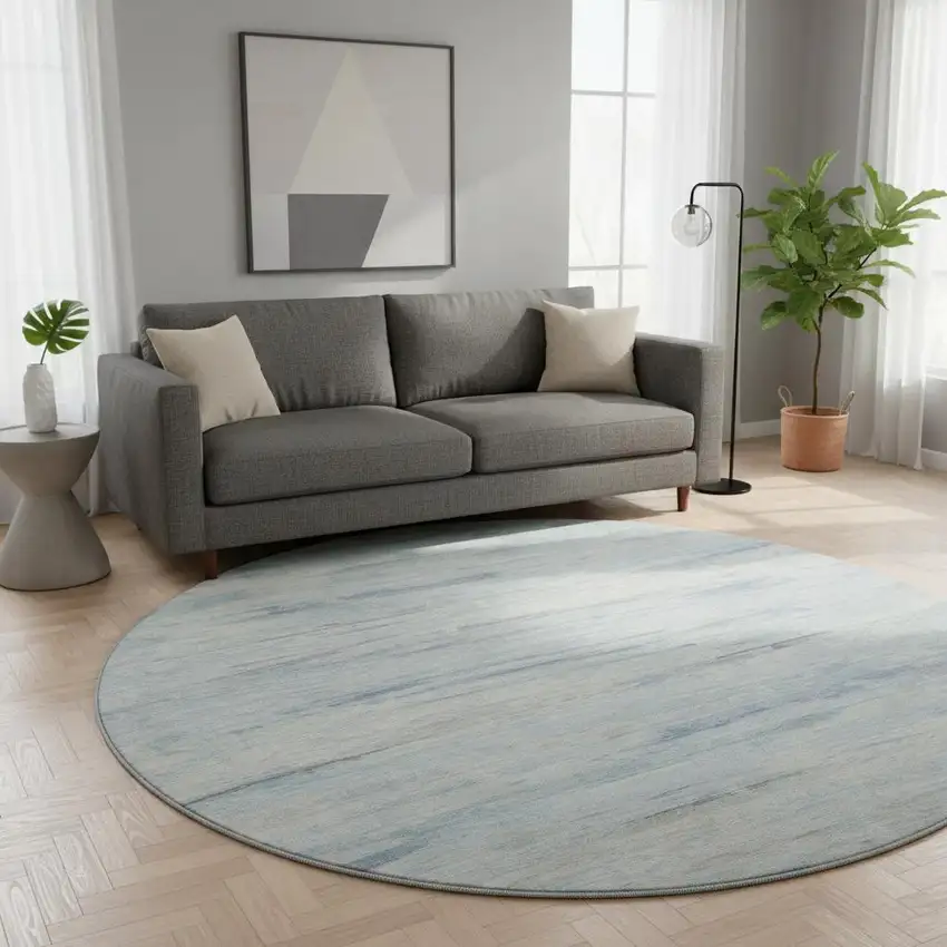 8' Sky Blue And Ivory Abstract Washable Round Rug With UV Protection Photo 2