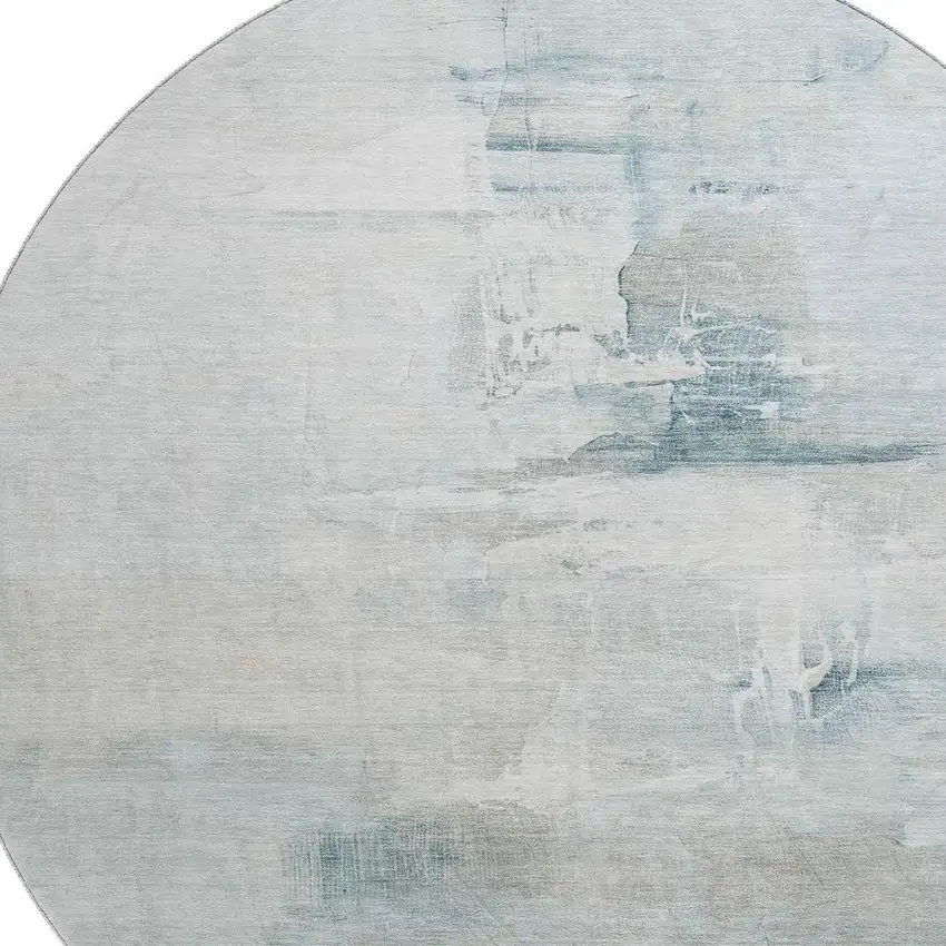 8' Sky Blue And Ivory Abstract Washable Round Rug With UV Protection Photo 4