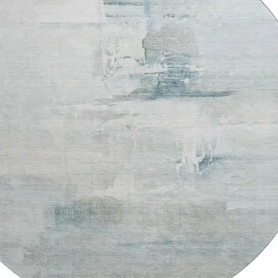 8' Sky Blue And Ivory Abstract Washable Round Rug With UV Protection Photo 6