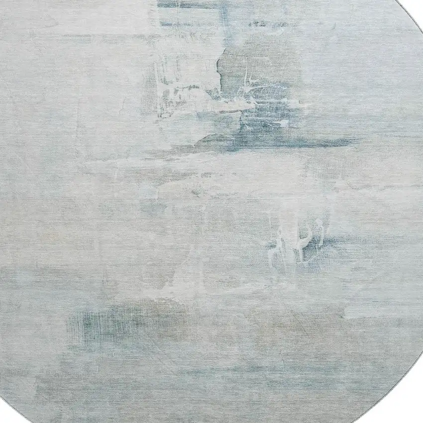 8' Sky Blue And Ivory Abstract Washable Round Rug With UV Protection Photo 6