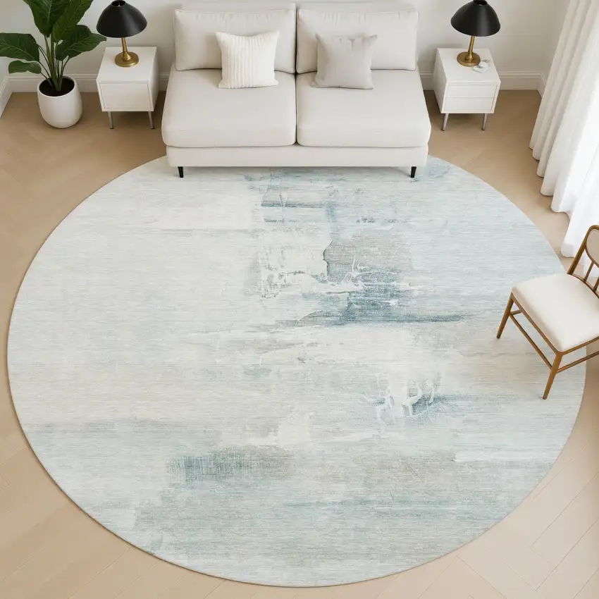 8' Sky Blue And Ivory Abstract Washable Round Rug With UV Protection Photo 5