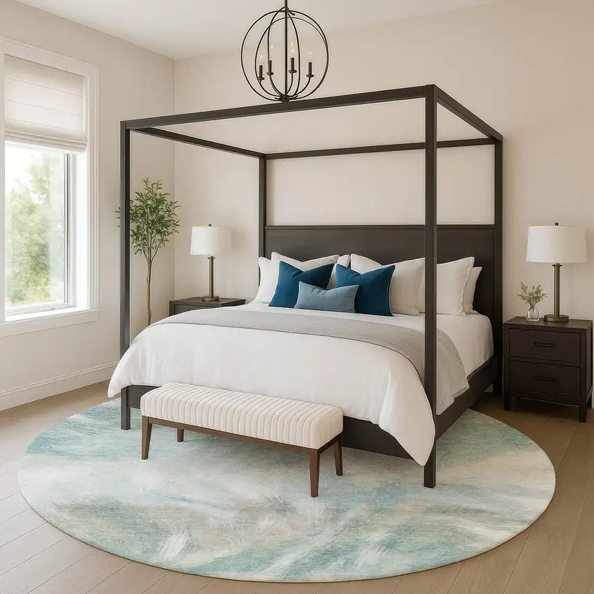 8' Sky Blue And Ivory Abstract Washable Round Rug With UV Protection Photo 5