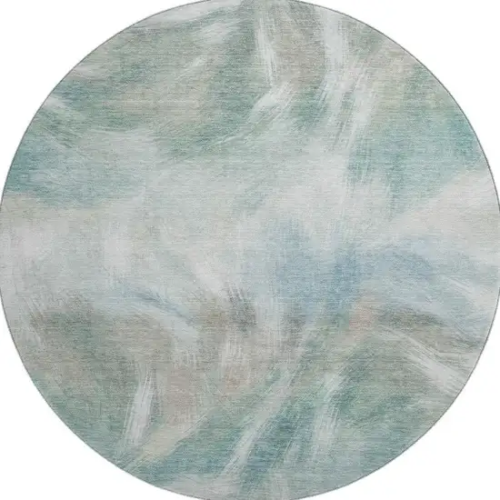 8' Sky Blue And Ivory Abstract Washable Round Rug With UV Protection Photo 4