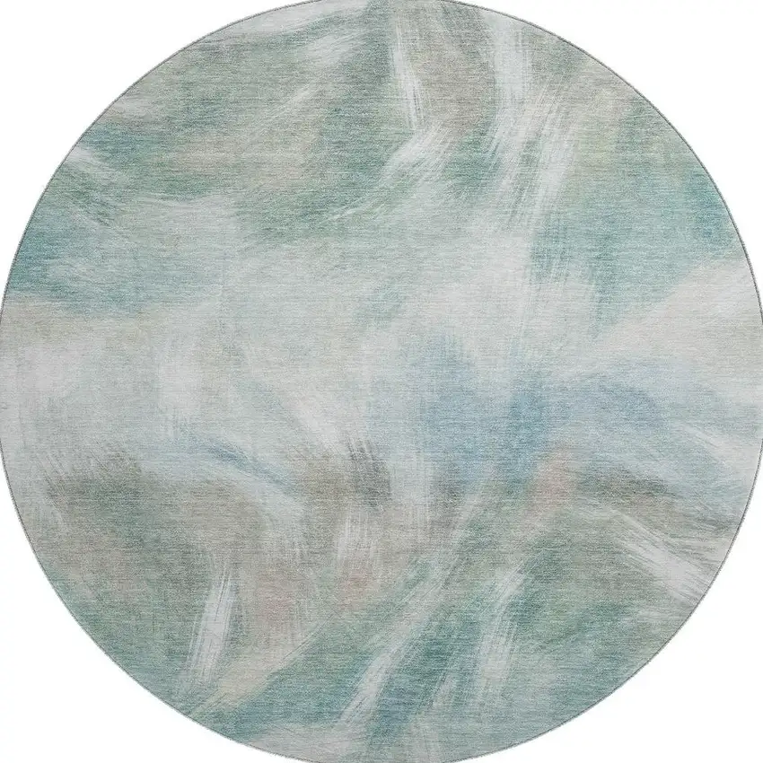 8' Sky Blue And Ivory Abstract Washable Round Rug With UV Protection Photo 4
