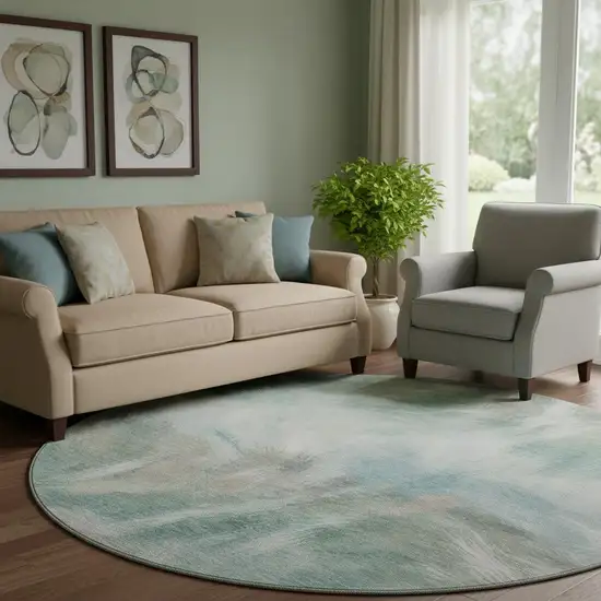 8' Sky Blue And Ivory Abstract Washable Round Rug With UV Protection Photo 2