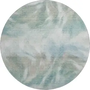 Photo of 8' Sky Blue And Ivory Abstract Washable Round Rug With UV Protection