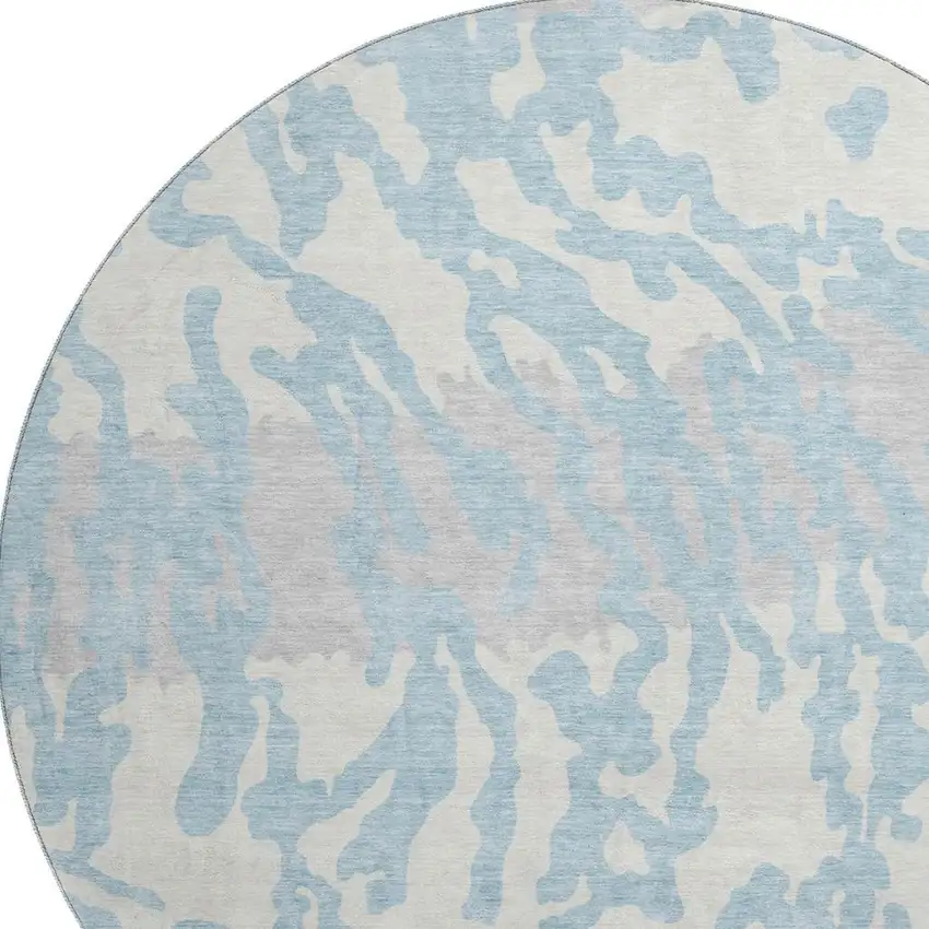 8' Sky Blue And Ivory Animal Print Washable Round Rug With UV Protection Photo 3
