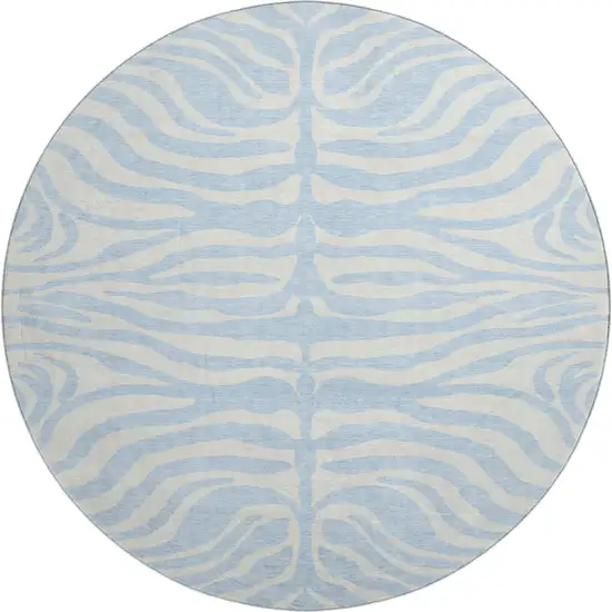 8' Sky Blue And Ivory Animal Print Washable Round Rug With UV Protection Photo 1
