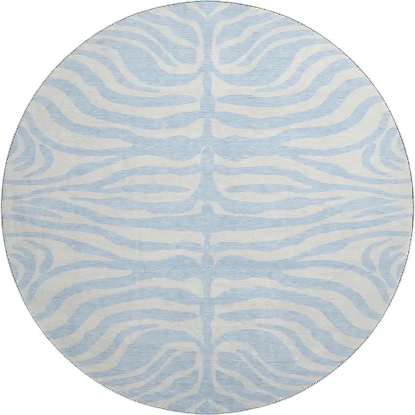 8' Sky Blue And Ivory Animal Print Washable Round Rug With UV Protection Photo 1