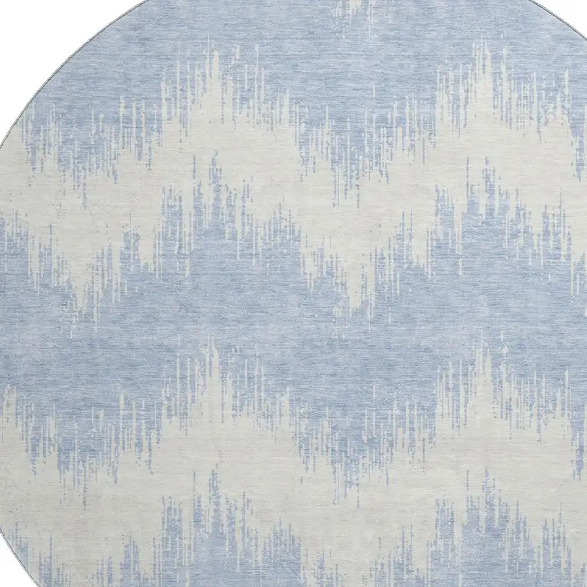 8' Sky Blue And Ivory Chevron Washable Round Rug With UV Protection Photo 3