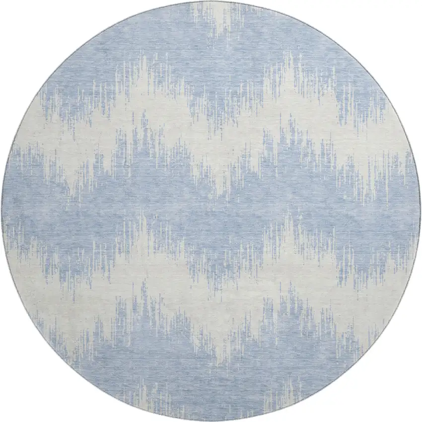 8' Sky Blue And Ivory Chevron Washable Round Rug With UV Protection Photo 1