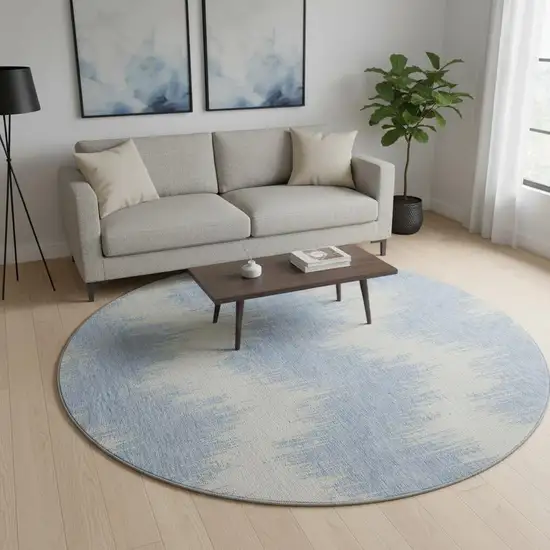 8' Sky Blue And Ivory Chevron Washable Round Rug With UV Protection Photo 2