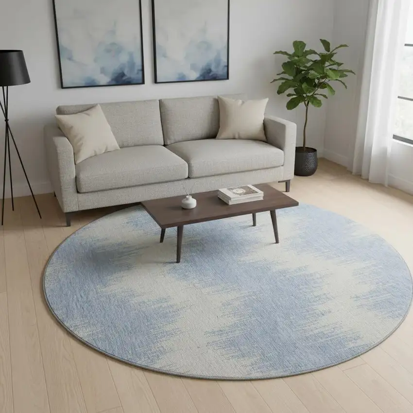 8' Sky Blue And Ivory Chevron Washable Round Rug With UV Protection Photo 2