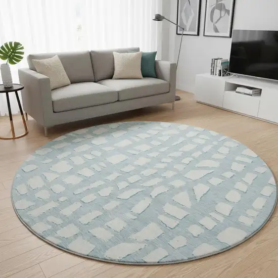 8' Sky Blue And Ivory Cobblestone Washable Round Rug With UV Protection Photo 2